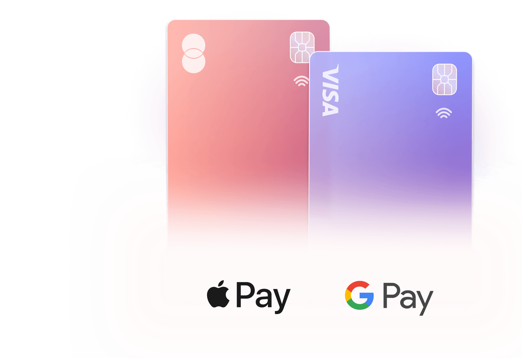 Apple Pay and Google Pay icons displayed with virtual cards from Visa on mobile phones, showing the contactless payment option